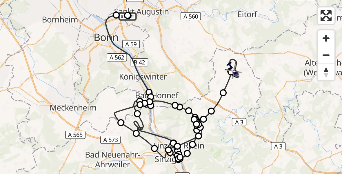 Flugroute Polizeihubschrauber Sankt Augustin - Buchholz (Westerwald), 25 Juni 2026, 06:45