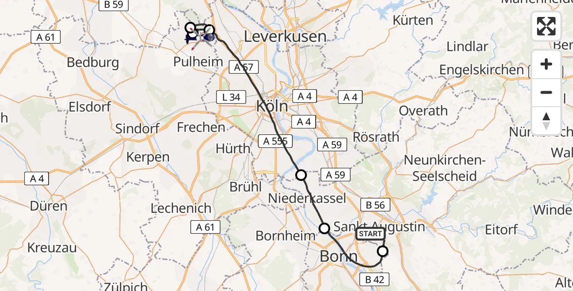 Flugroute Polizeihubschrauber Sankt Augustin - Pulheim, 25 Juni 2026, 06:45