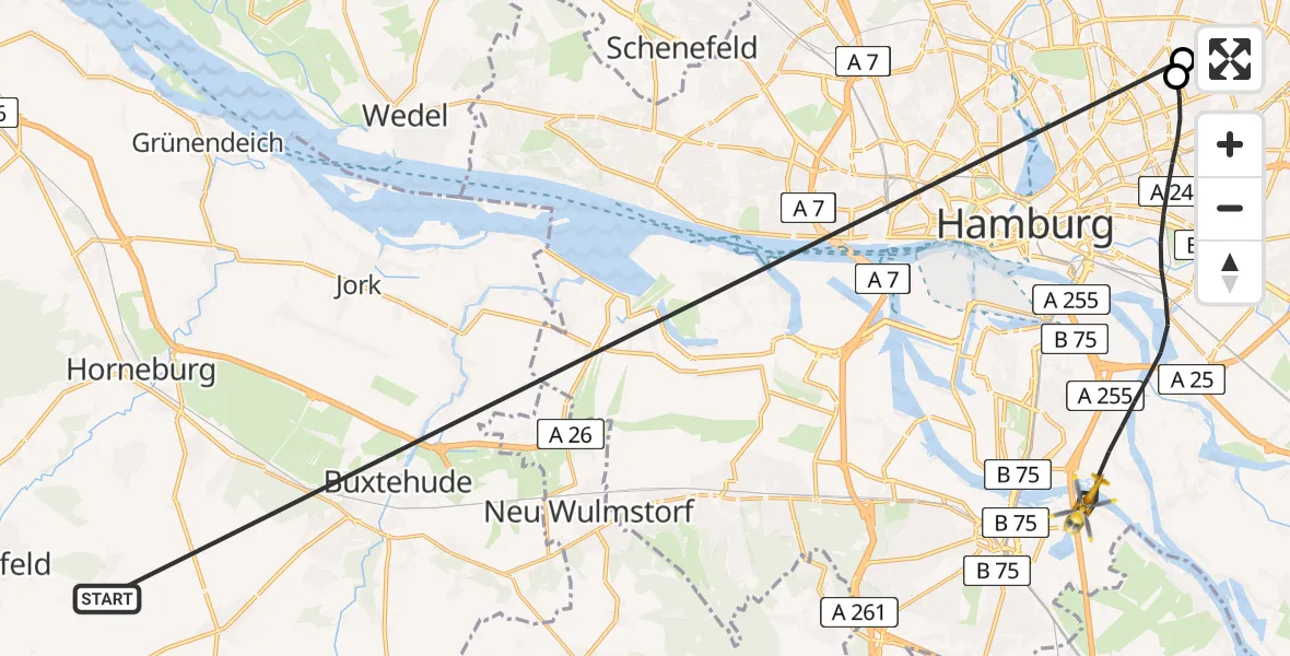 Flugroute Rettungshubschrauber Harsefeld - Hamburg, 25 Juni 2026, 06:46