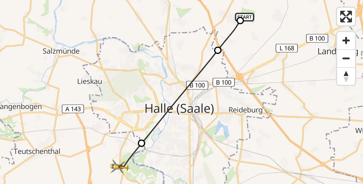 Flugroute Rettungshubschrauber Halle-Oppin Flugplatz - Teutschenthal, 25 Juni 2026, 06:52
