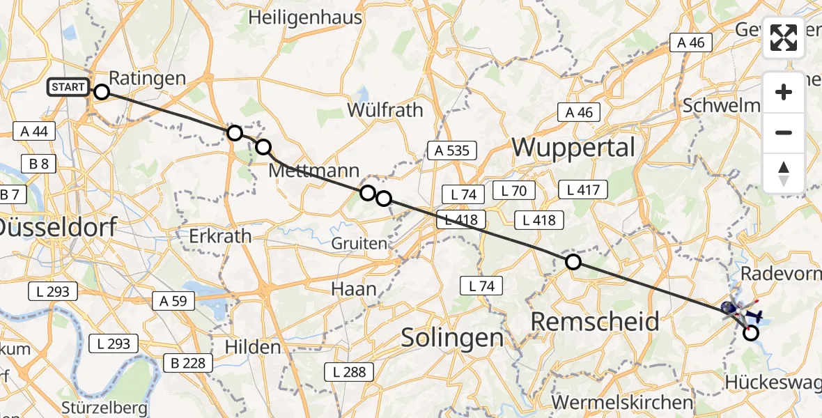 Flugroute Polizeihubschrauber Düsseldorf Flughafen - Remscheid, 25 Juni 2026, 06:55