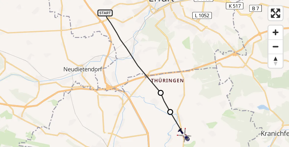 Flugroute Polizeihubschrauber Erfurt - Alkersleben, 25 Juni 2026, 06:55