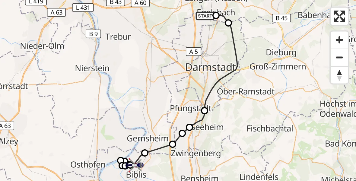 Flugroute Polizeihubschrauber Flughafen Frankfurt-Egelsbach - Groß-Rohrheim, 25 Juni 2026, 06:58