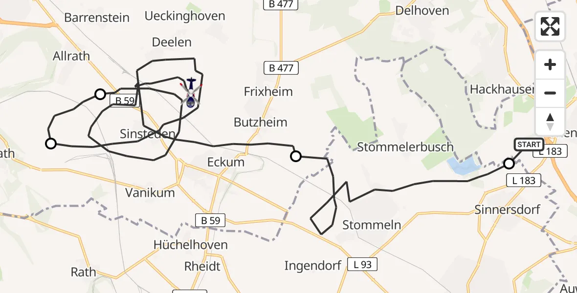 Flugroute Polizeihubschrauber Köln - Rommerskirchen, 25 Juni 2026, 07:10