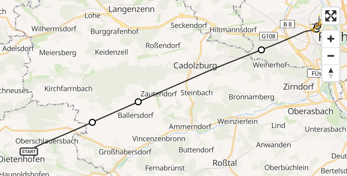 Flugroute Rettungshubschrauber Dietenhofen - Fürth Hospital, 25 Juni 2026, 07:11