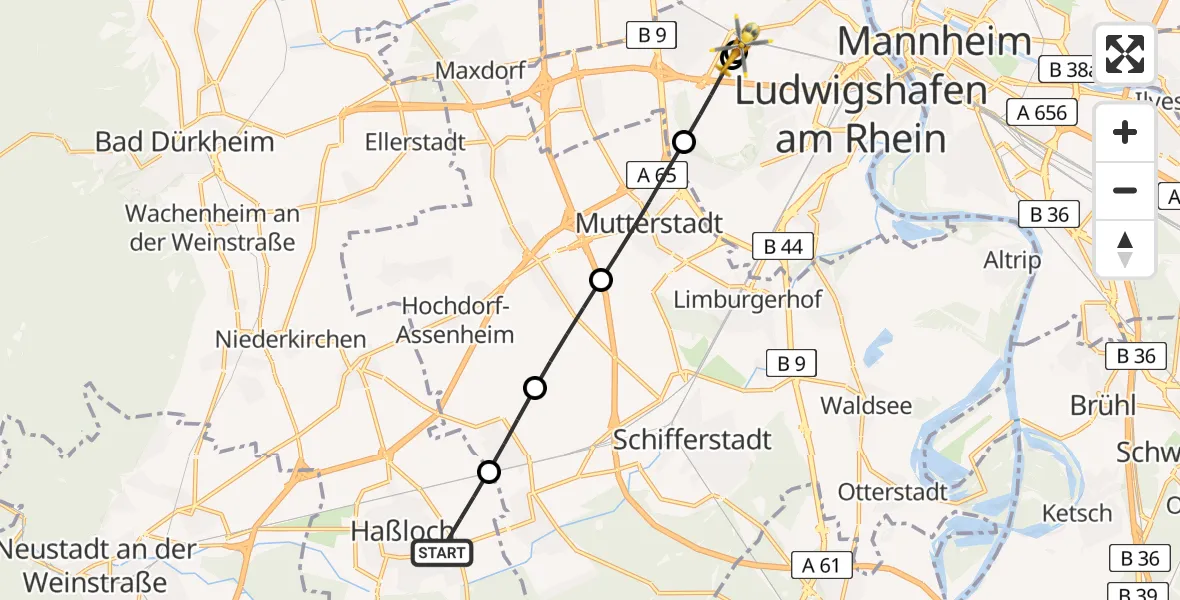 Flugroute Rettungshubschrauber Haßloch - Ludwigshafen Accident Hospital, 25 Juni 2026, 07:13