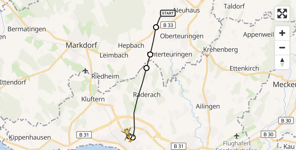Flugroute Rettungshubschrauber Oberteuringen - Friedrichshafen Hospital, 25 Juni 2026, 07:14