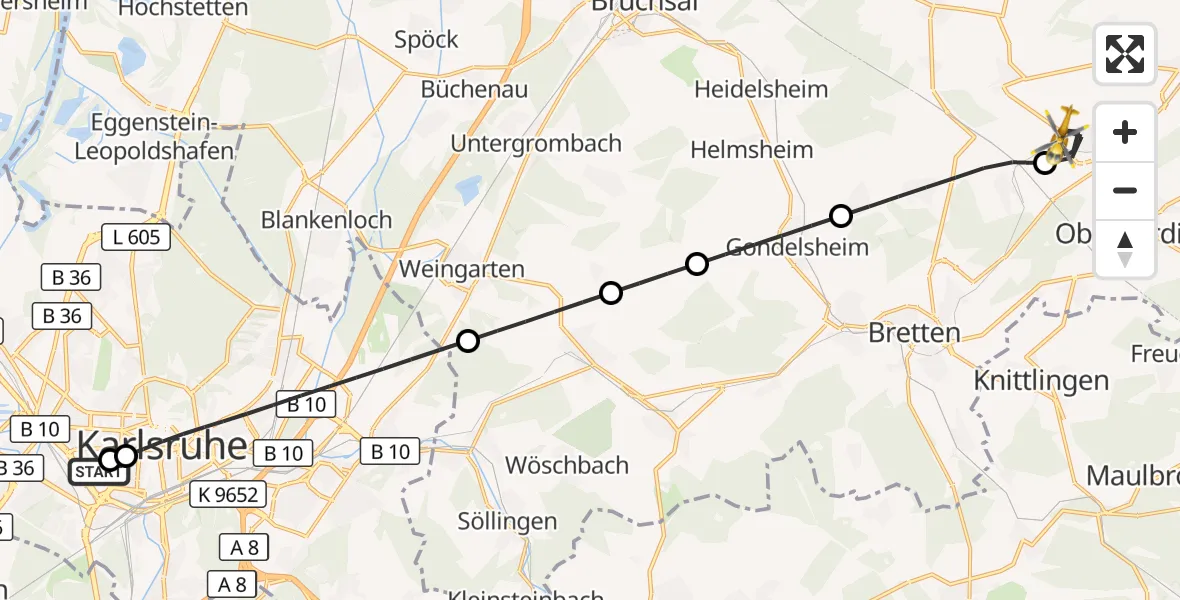 Flugroute Ambulanzhubschrauber Sankt Vincentius Hospital - Oberderdingen, 25 Juni 2026, 07:16