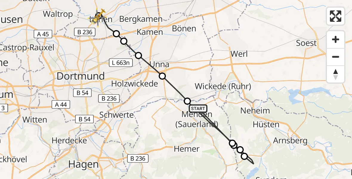 Flugroute Rettungshubschrauber Menden (Sauerland) - Sankt Marien Hospital, 25 Juni 2026, 07:17