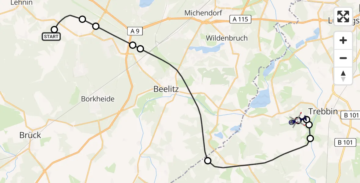 Flugroute Polizeihubschrauber Beelitz - Nuthe-Urstromtal, 25 Juni 2026, 07:17