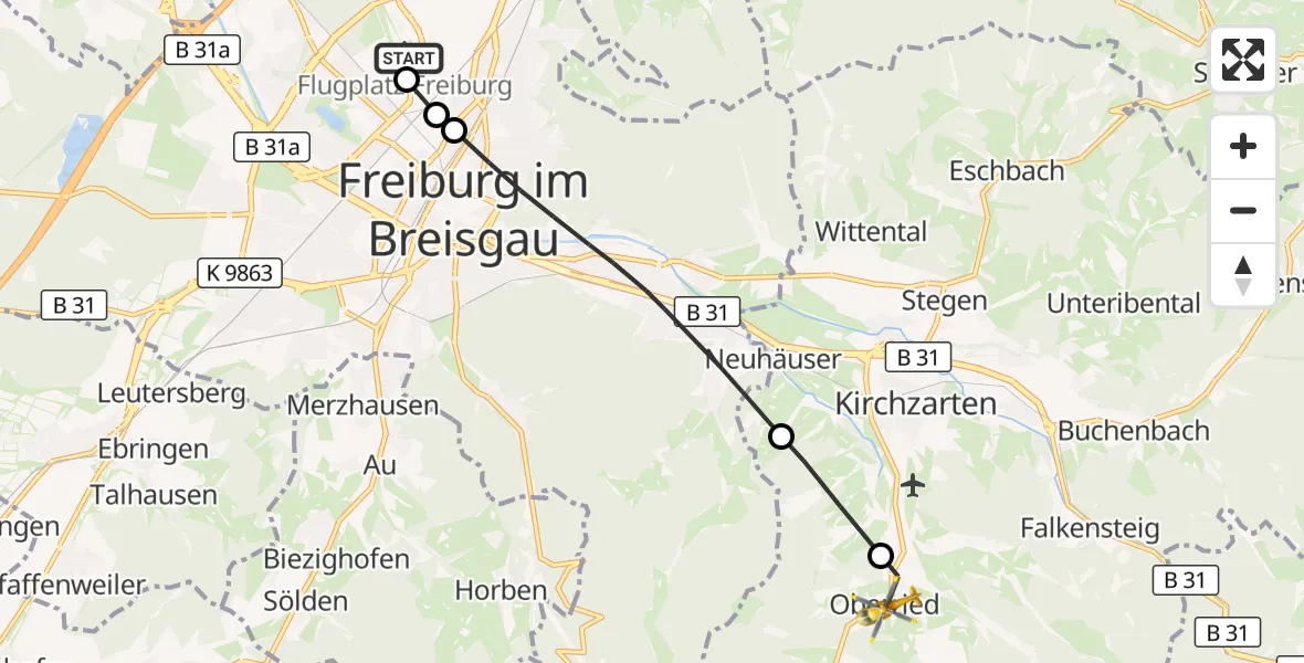 Flugroute Ambulanzhubschrauber Freiburg im Breisgau Flugplatz - Oberried, 25 Juni 2026, 07:30
