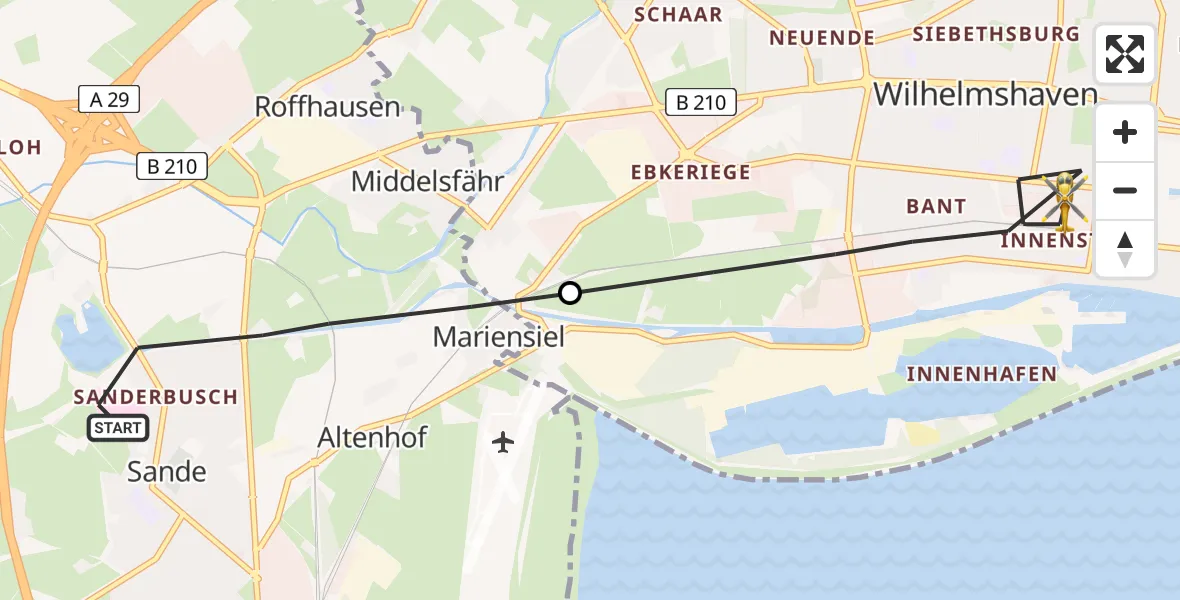 Flugroute Rettungshubschrauber Sande - Wilhelmshaven, 25 Juni 2026, 07:31