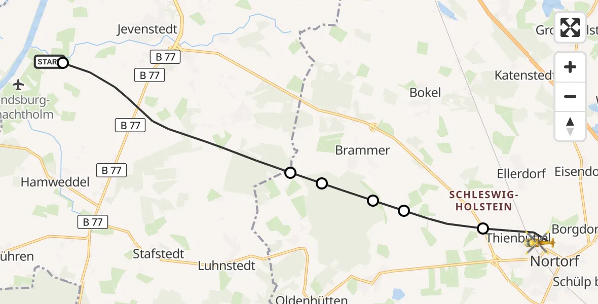 Flugroute Ambulanzhubschrauber Hörsten - Nortorf, 25 Juni 2026, 07:31