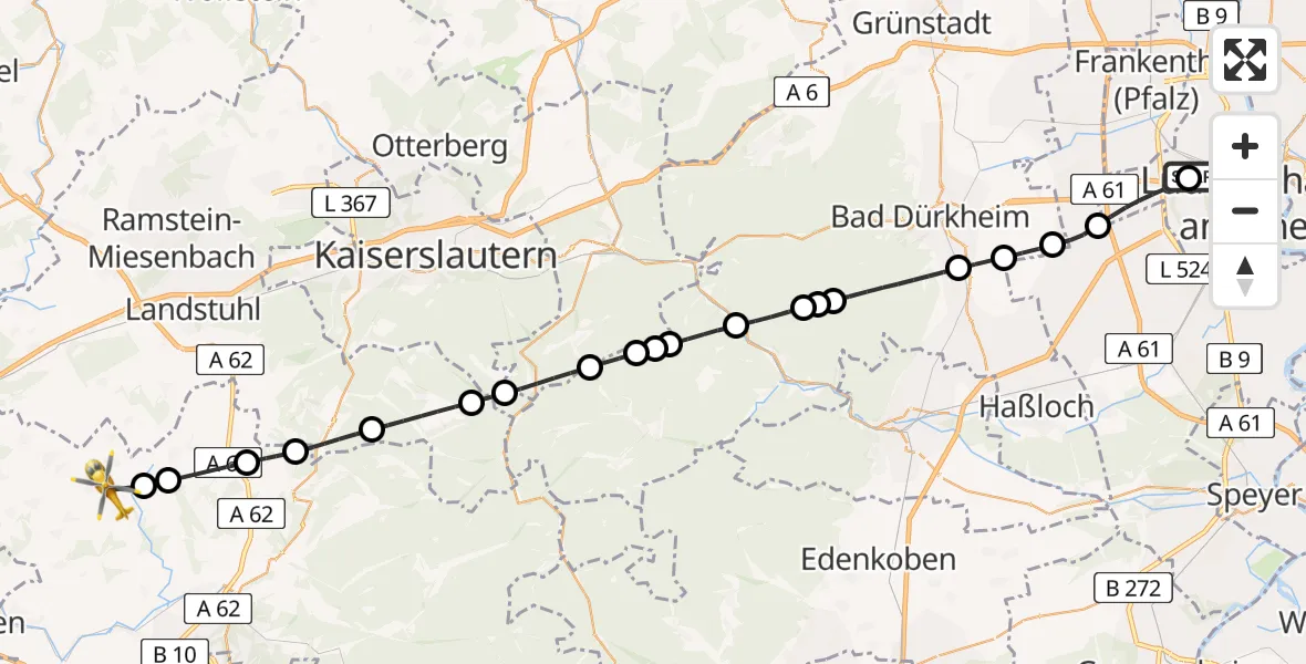 Flugroute Rettungshubschrauber Ludwigshafen Accident Hospital - Wallhalben, 25 Juni 2026, 07:32