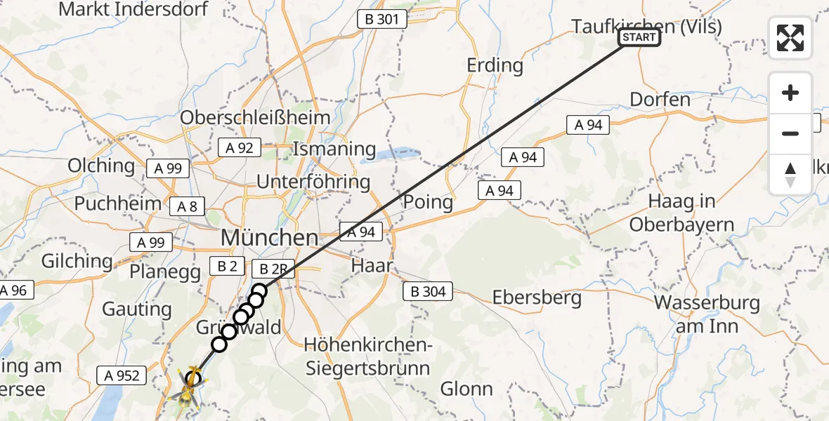 Flugroute Rettungshubschrauber Taufkirchen (Vils) - Schäftlarn, 25 Juni 2026, 07:36