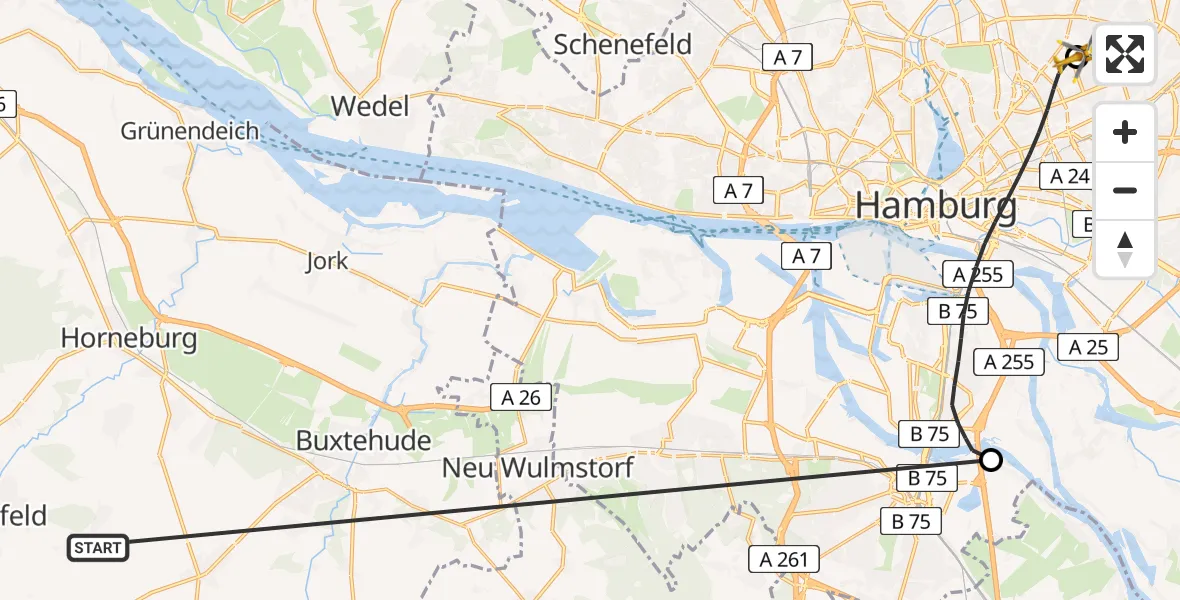 Flugroute Rettungshubschrauber Harsefeld - Hamburg Military Hospital, 25 Juni 2026, 07:41