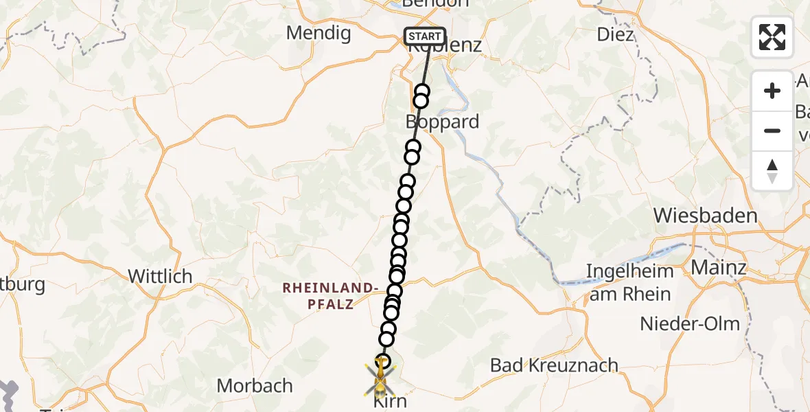Flugroute Rettungshubschrauber Koblenz - Hennweiler, 25 Juni 2026, 07:44