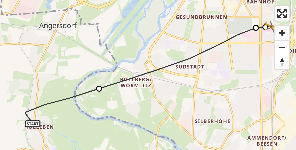 Flugroute Rettungshubschrauber Teutschenthal - BG Hospital Bergmannstrost Halle, 25 Juni 2026, 07:49