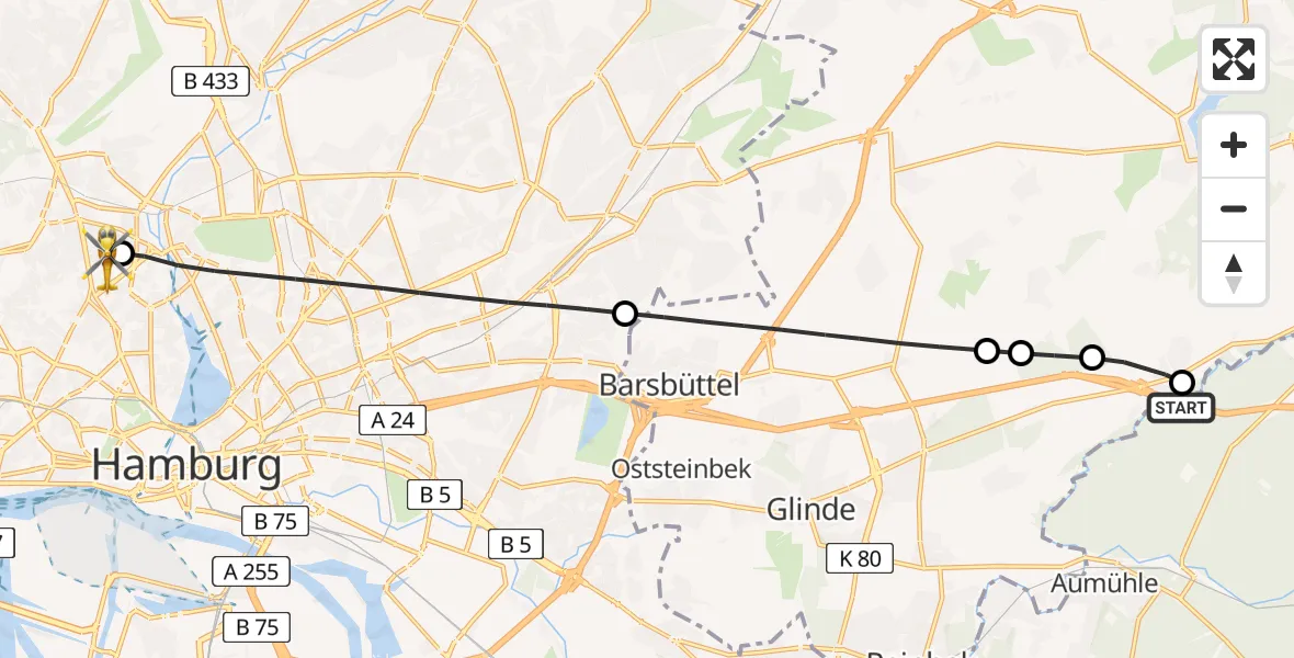 Flugroute Ambulanzhubschrauber Sachsenwald (Forstgutsbez.) - Universitätsklinikum Hamburg-Eppendorf Hubschrauberlandeplatz, 25 Juni 2026, 07:52