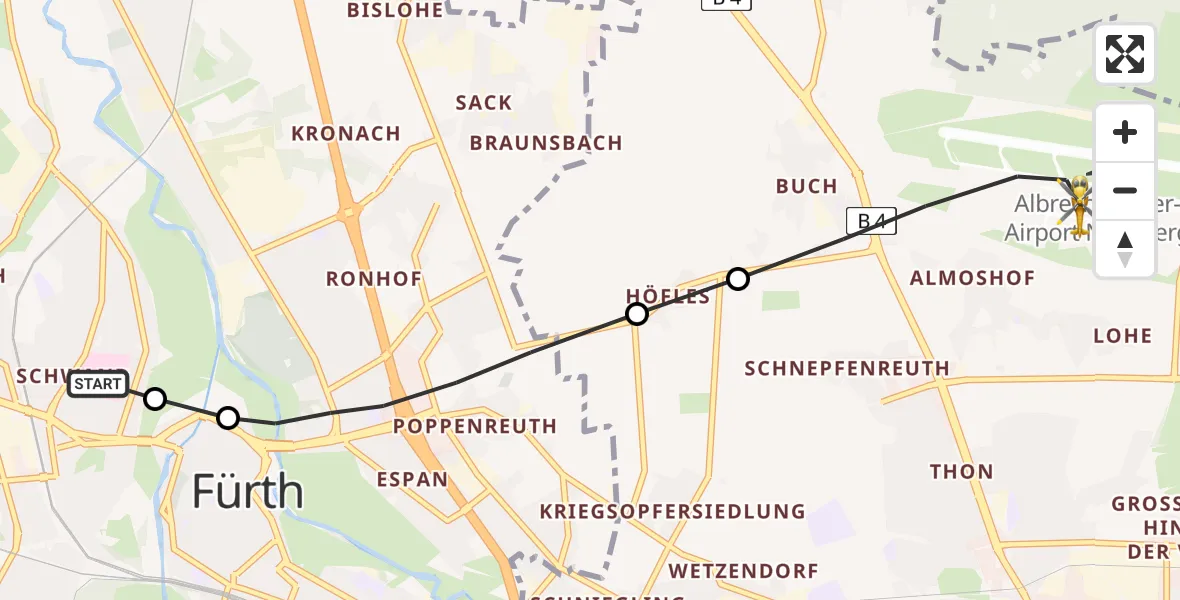 Flugroute Rettungshubschrauber Fürth Hospital - Flughafen Nuremberg, 25 Juni 2026, 07:54