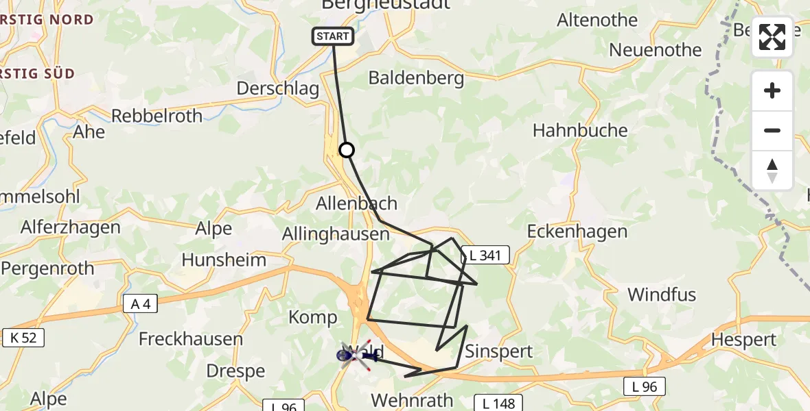 Flugroute Polizeihubschrauber Bergneustadt - Reichshof, 25 Juni 2026, 08:06