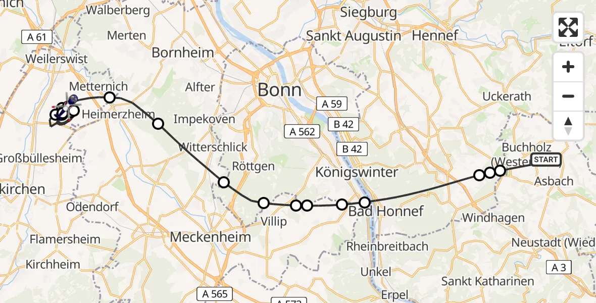 Flugroute Polizeihubschrauber Buchholz (Westerwald) - Weilerswist UL, 25 Juni 2026, 08:06