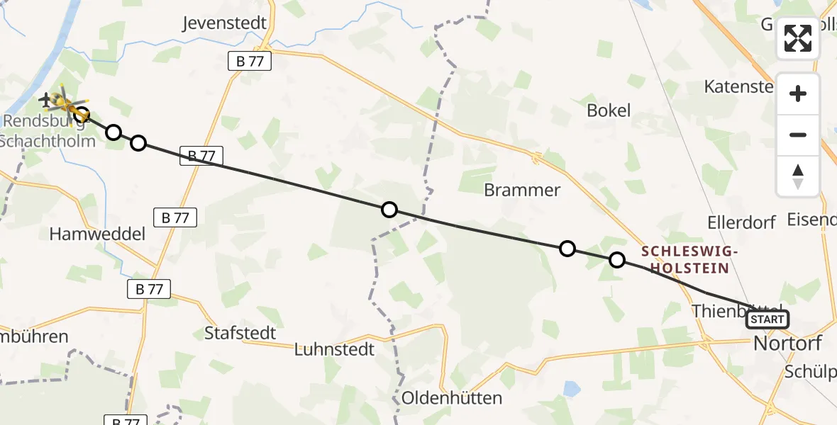 Flugroute Ambulanzhubschrauber Nortorf - Hörsten, 25 Juni 2026, 08:06