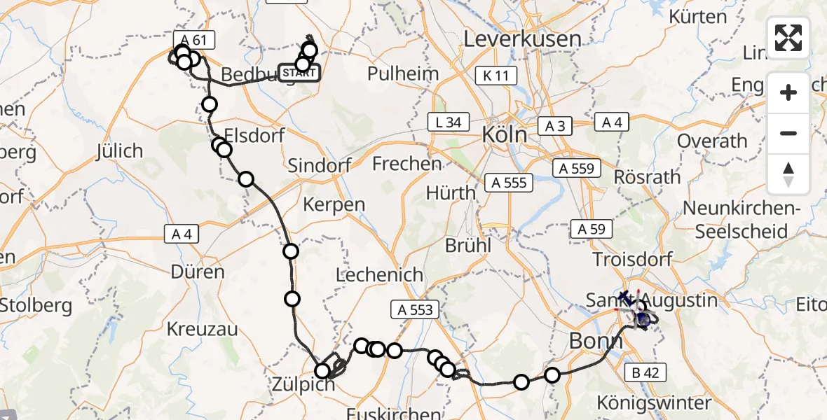Flugroute Polizeihubschrauber Bedburg - Bonn-Hangelar Flugplatz, 25 Juni 2026, 08:07
