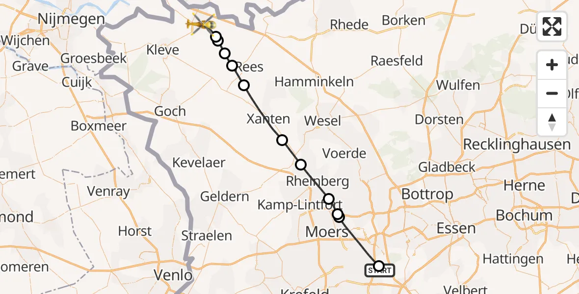 Flugroute Rettungshubschrauber Duisburg Air Rescue Hubschrauberlandeplatz (Christoph 9) - Emmerich am Rhein, 25 Juni 2026, 08:09