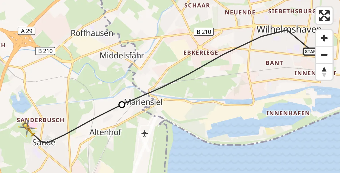Flugroute Rettungshubschrauber Wilhelmshaven - Sande, 25 Juni 2026, 08:10