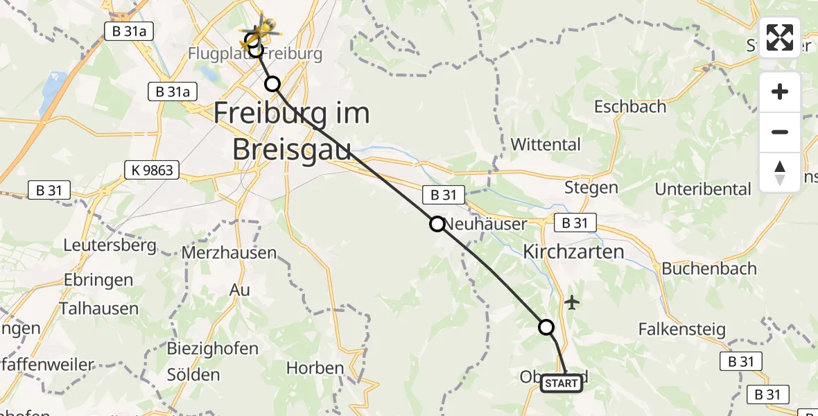 Flugroute Ambulanzhubschrauber Oberried - Freiburg im Breisgau Flugplatz, 25 Juni 2026, 08:11