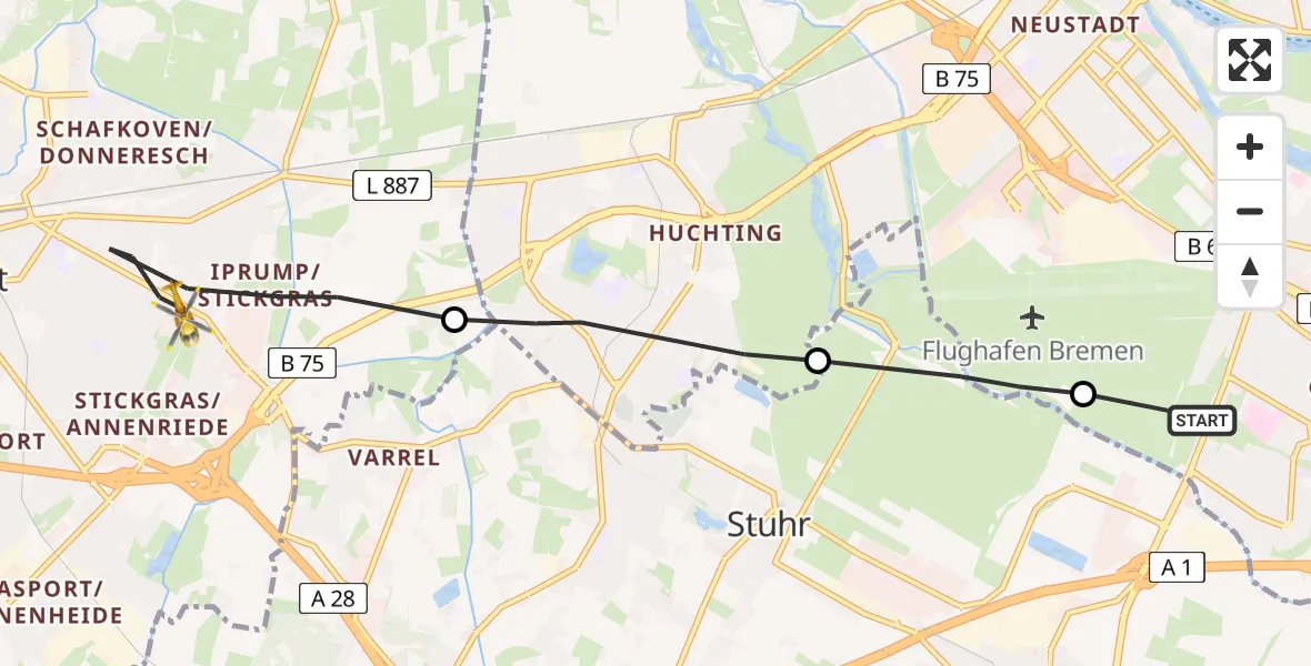Flugroute Rettungshubschrauber ADAC Air Rescue Station Bremen Hubschrauberlandeplatz (Christoph 6) - Delmenhorst, 25 Juni 2026, 08:11