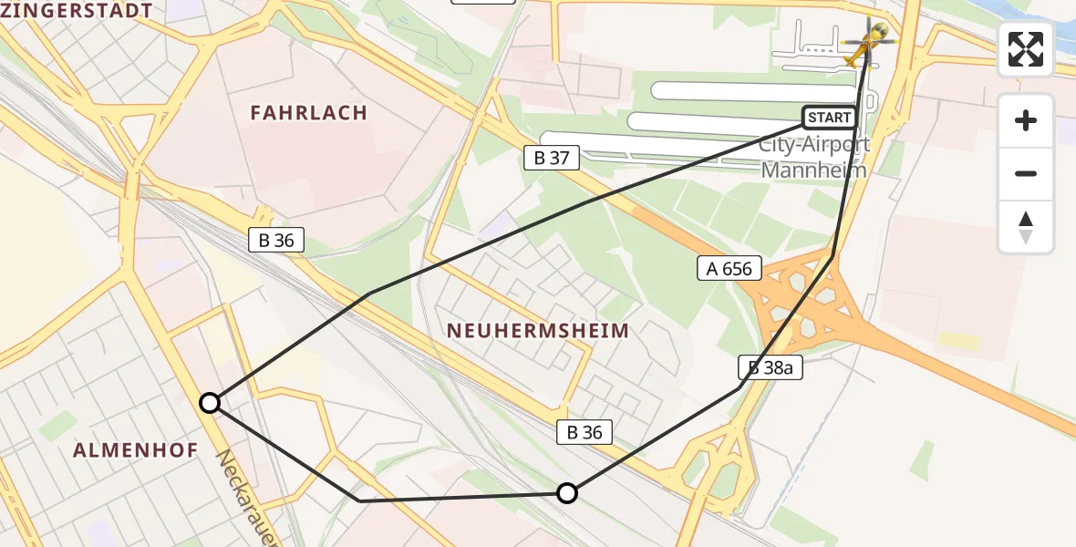 Flugroute Rettungshubschrauber Mannheim-City Flughafen - Mannheim-City Flughafen, 25 Juni 2026, 08:12