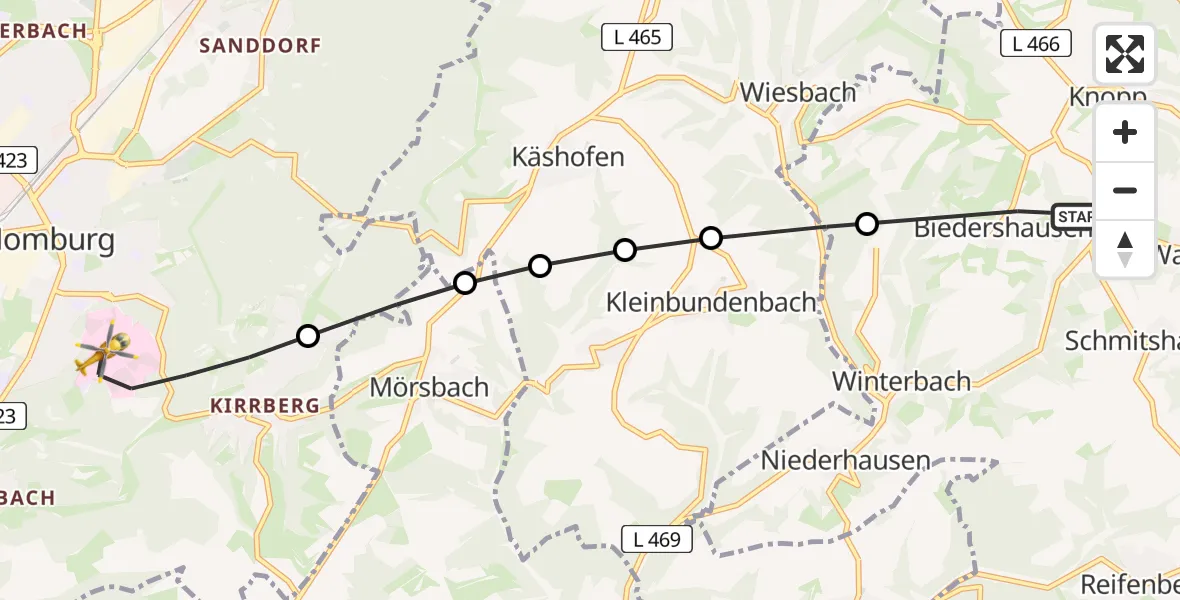 Flugroute Rettungshubschrauber Biedershausen - Homburg, 25 Juni 2026, 08:13