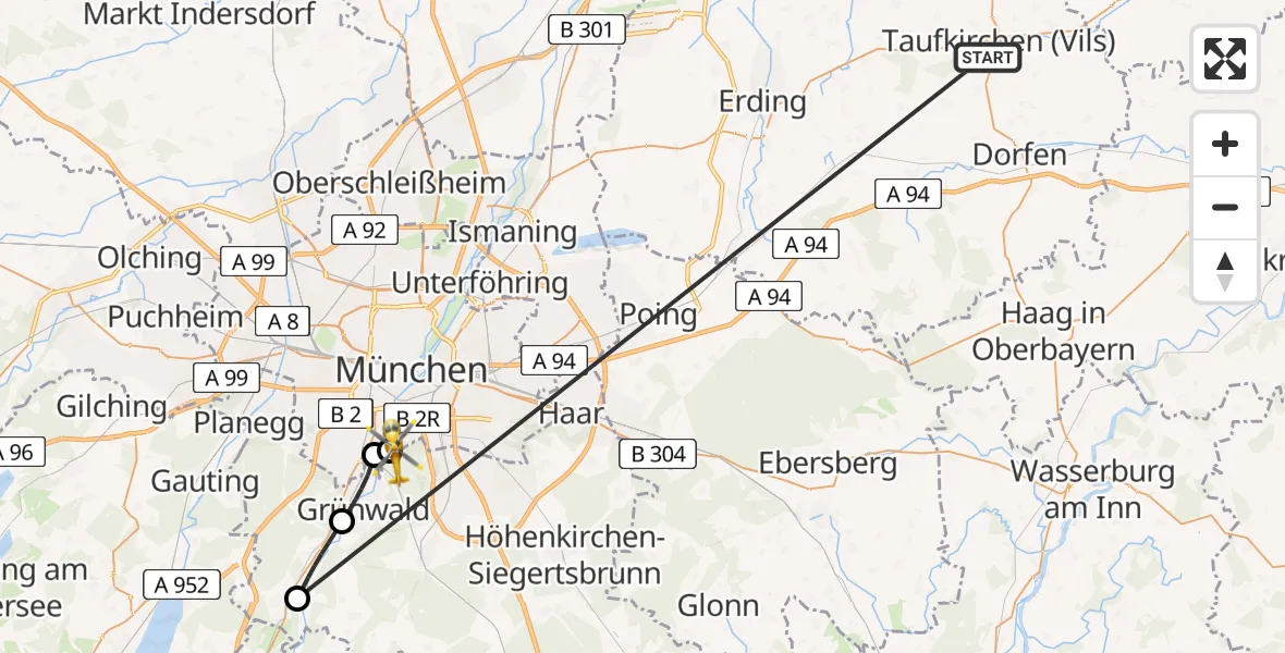 Flugroute Rettungshubschrauber Taufkirchen (Vils) - ADAC Air Rescue Center Hubschrauberlandeplatz (Christoph 1), 25 Juni 2026, 08:15