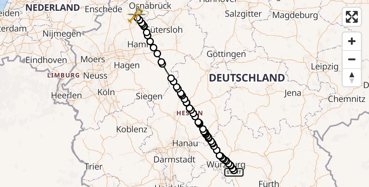 Flugroute Rettungshubschrauber Frickenhausen a.Main - Christoph  Westfalen-ADAC, 25 Juni 2026, 08:19