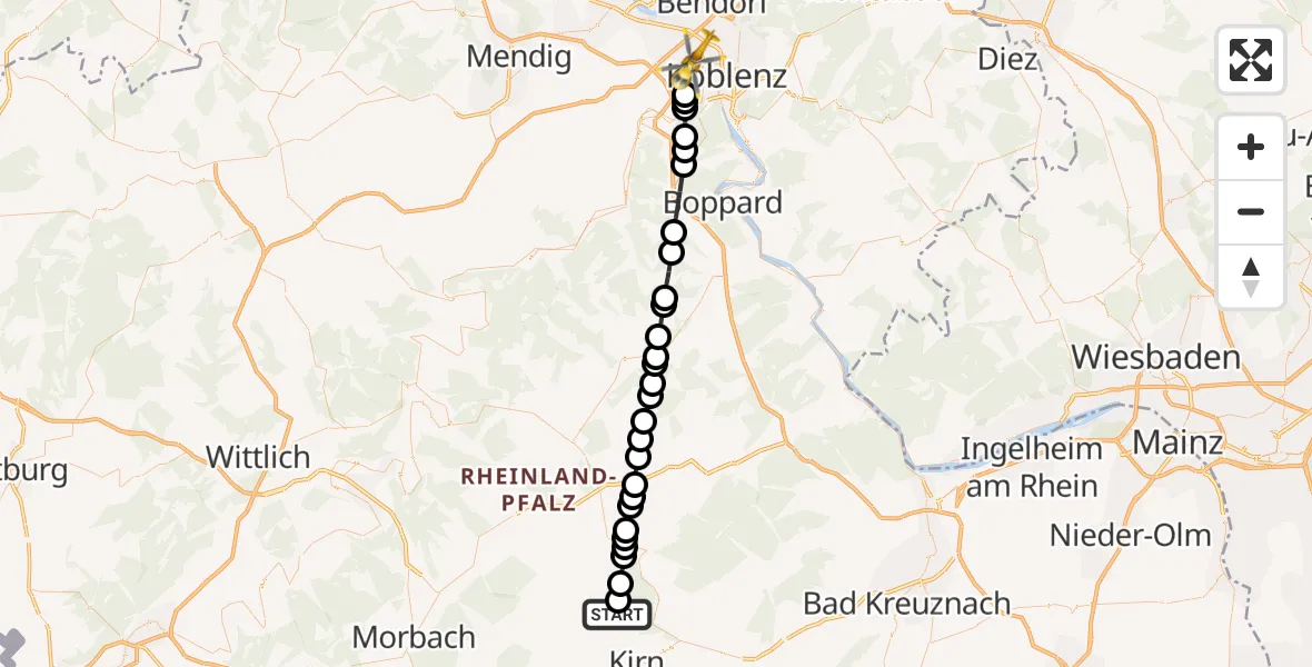 Flugroute Rettungshubschrauber Hennweiler - Koblenz, 25 Juni 2026, 08:21