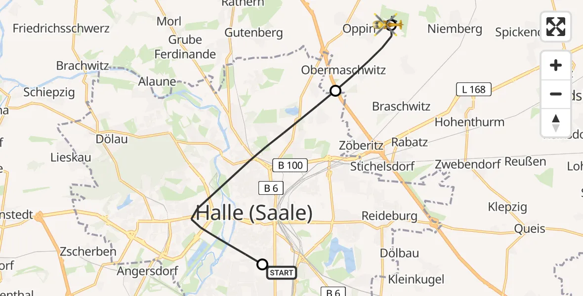 Flugroute Rettungshubschrauber BG Hospital Bergmannstrost Halle - Halle-Oppin Flugplatz, 25 Juni 2026, 08:36