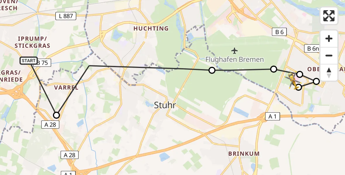 Flugroute Rettungshubschrauber Delmenhorst - ADAC Air Rescue Station Bremen Hubschrauberlandeplatz (Christoph 6), 25 Juni 2026, 08:37