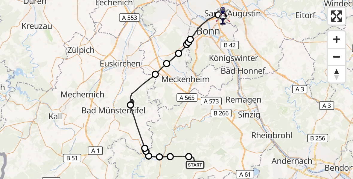 Flugroute Polizeihubschrauber Heckenbach - Sankt Augustin, 25 Juni 2026, 08:40