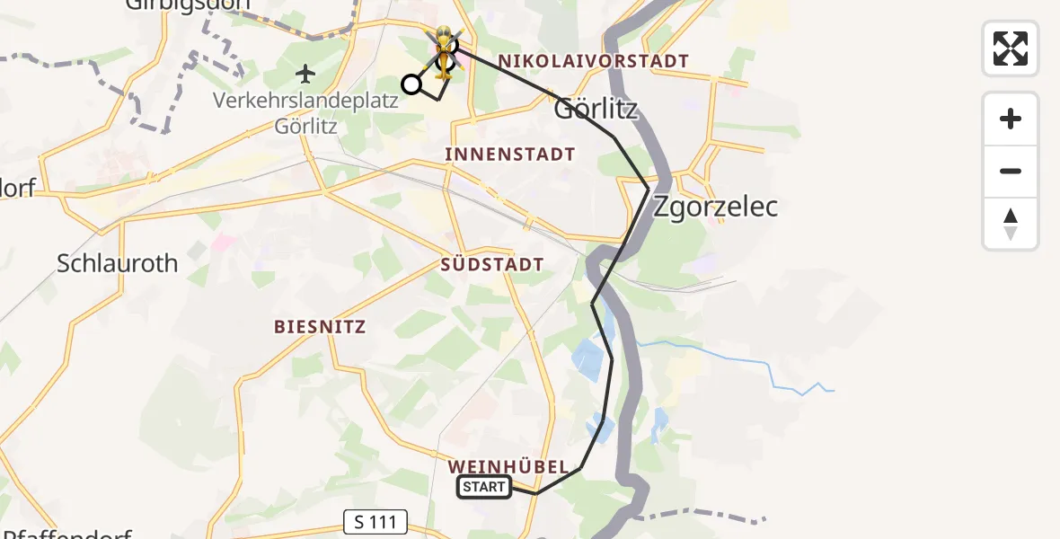 Flugroute Rettungshubschrauber Görlitz - Görlitz Hospital, 25 Juni 2026, 08:42