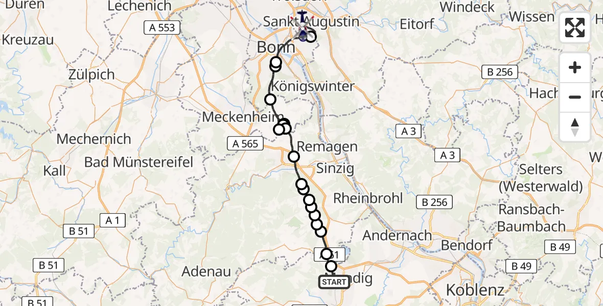 Flugroute Polizeihubschrauber Mendig - Bonn-Hangelar Flugplatz, 25 Juni 2026, 08:44