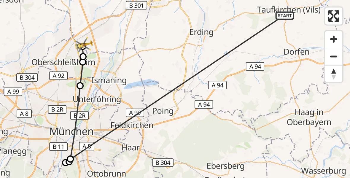 Flugroute Rettungshubschrauber Taufkirchen (Vils) - Eching, 25 Juni 2026, 08:45