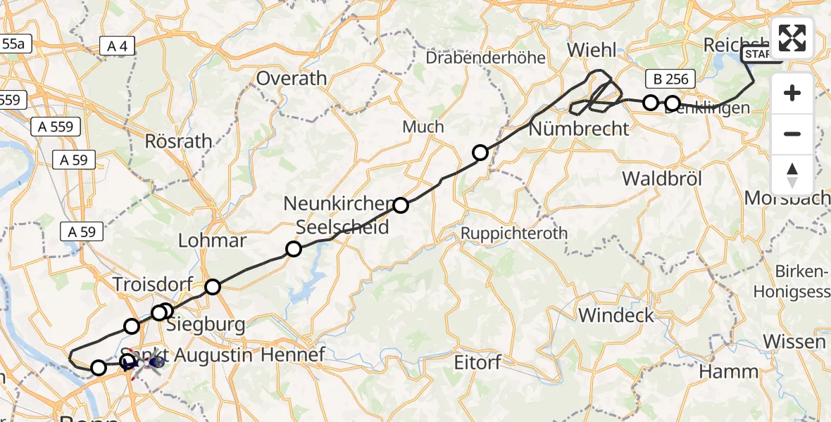 Flugroute Polizeihubschrauber Reichshof - Sankt Augustin, 25 Juni 2026, 08:46