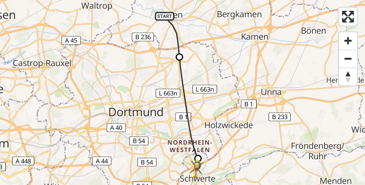 Flugroute Rettungshubschrauber Lünen - Schwerte, 25 Juni 2026, 08:46