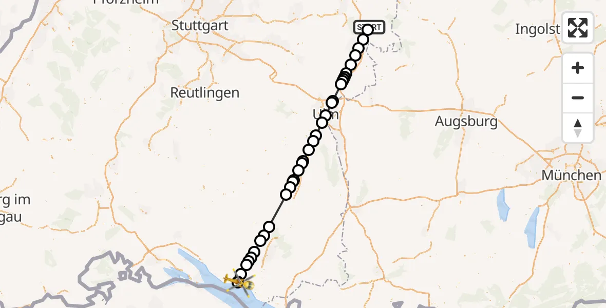 Flugroute Rettungshubschrauber Neresheim - Friedrichshafen Hospital, 25 Juni 2026, 08:50