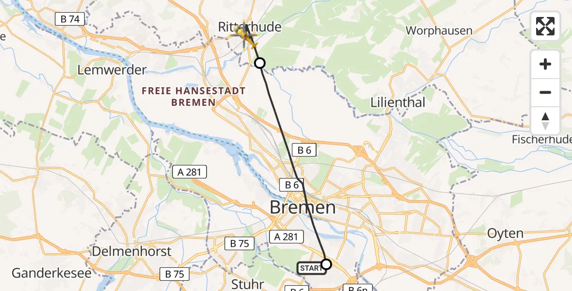 Flugroute Rettungshubschrauber ADAC Air Rescue Station Bremen Hubschrauberlandeplatz (Christoph 6) - Ritterhude, 25 Juni 2026, 08:52