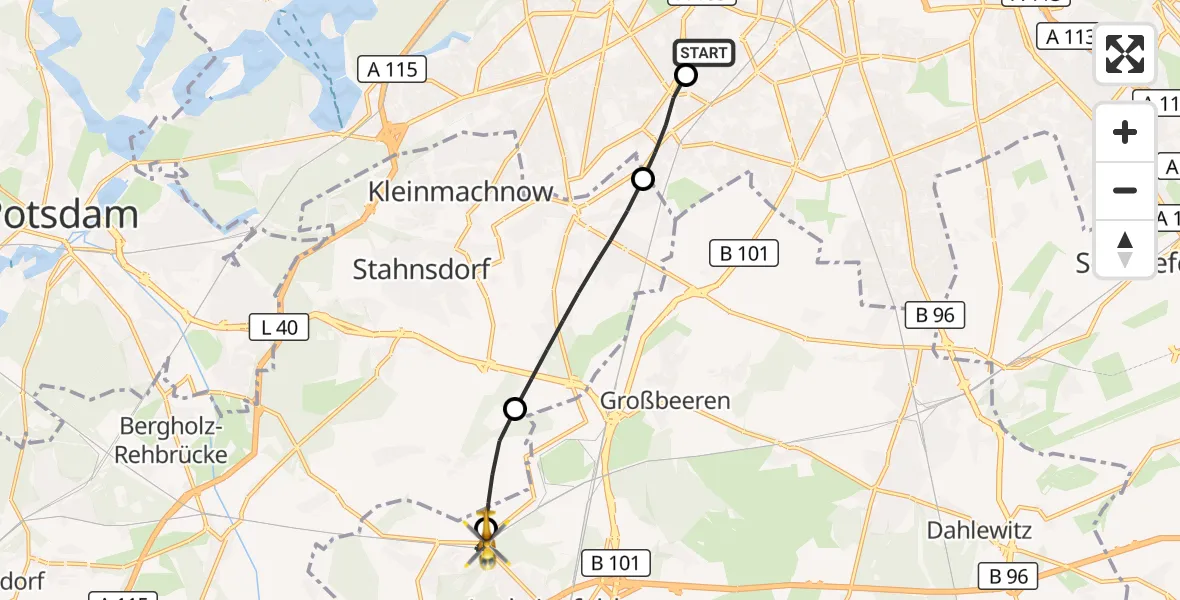Flugroute Rettungshubschrauber Charité Clinic Benjamin Franklin Campus - Ludwigsfelde, 25 Juni 2026, 08:54