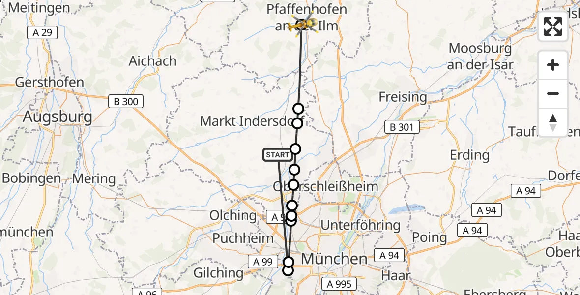 Flugroute Rettungshubschrauber Röhrmoos - Ilmtal Hospital Pfaffenhofen, 25 Juni 2026, 09:04