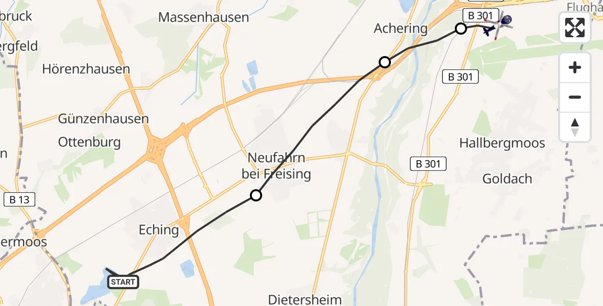 Flugroute Polizeihubschrauber Eching - Hallbergmoos, 25 Juni 2026, 09:08